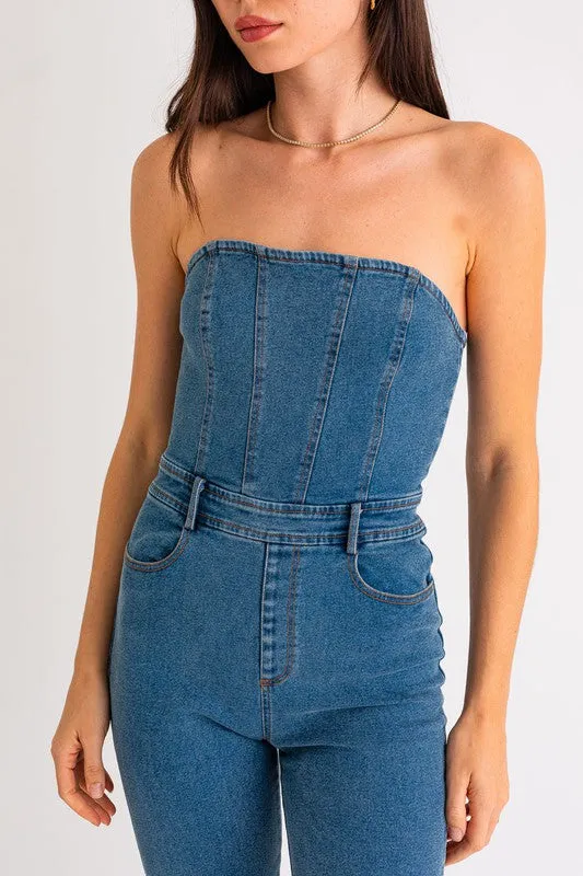 LE LIS Tube Denim Jumpsuit