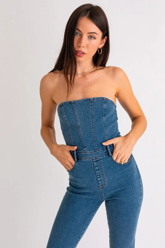 LE LIS Tube Denim Jumpsuit