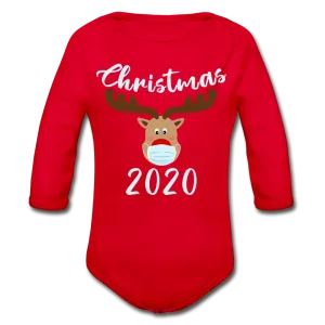 Masked Reindeer Christmas 2020 Organic Long Sleeve Baby Bodysuit