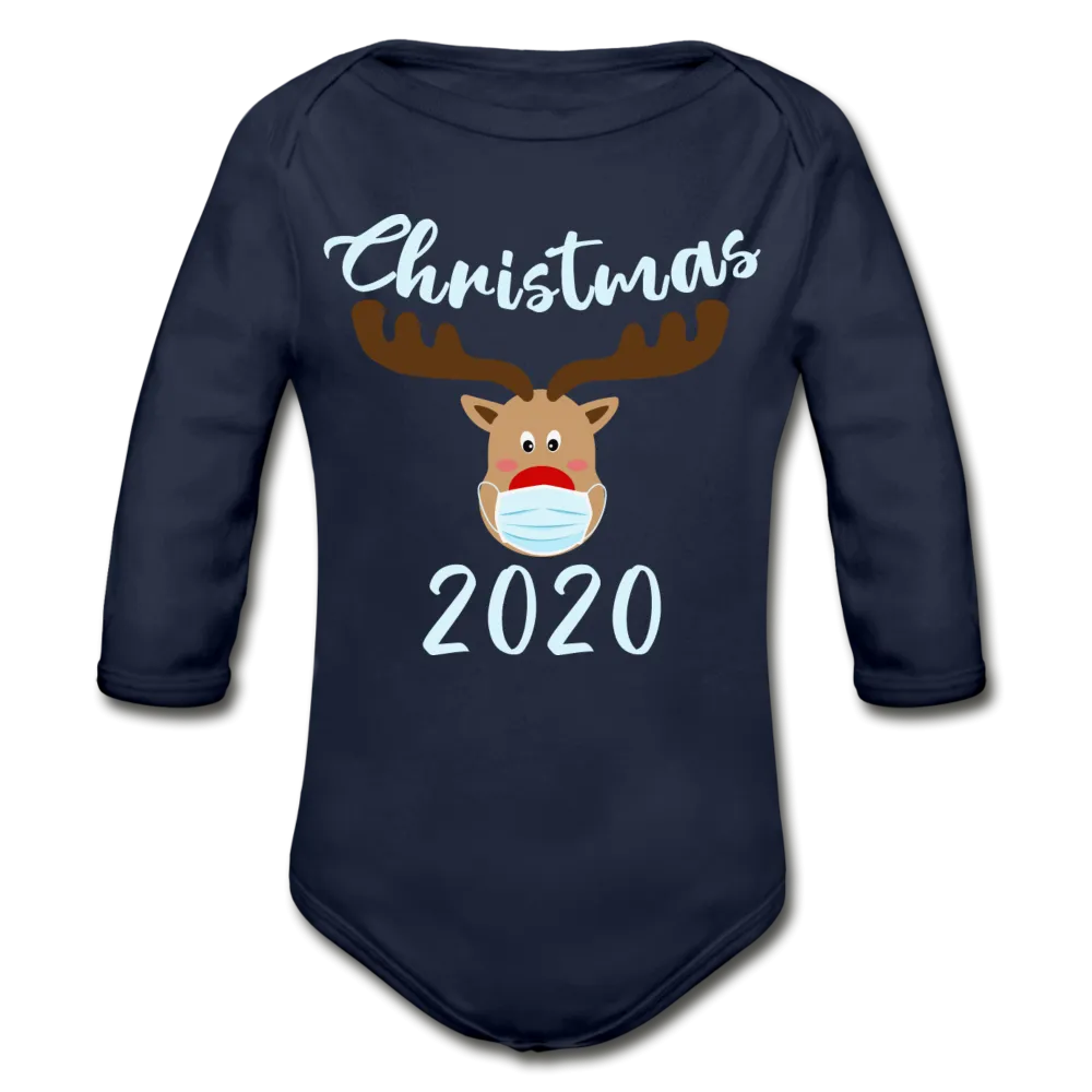 Masked Reindeer Christmas 2020 Organic Long Sleeve Baby Bodysuit
