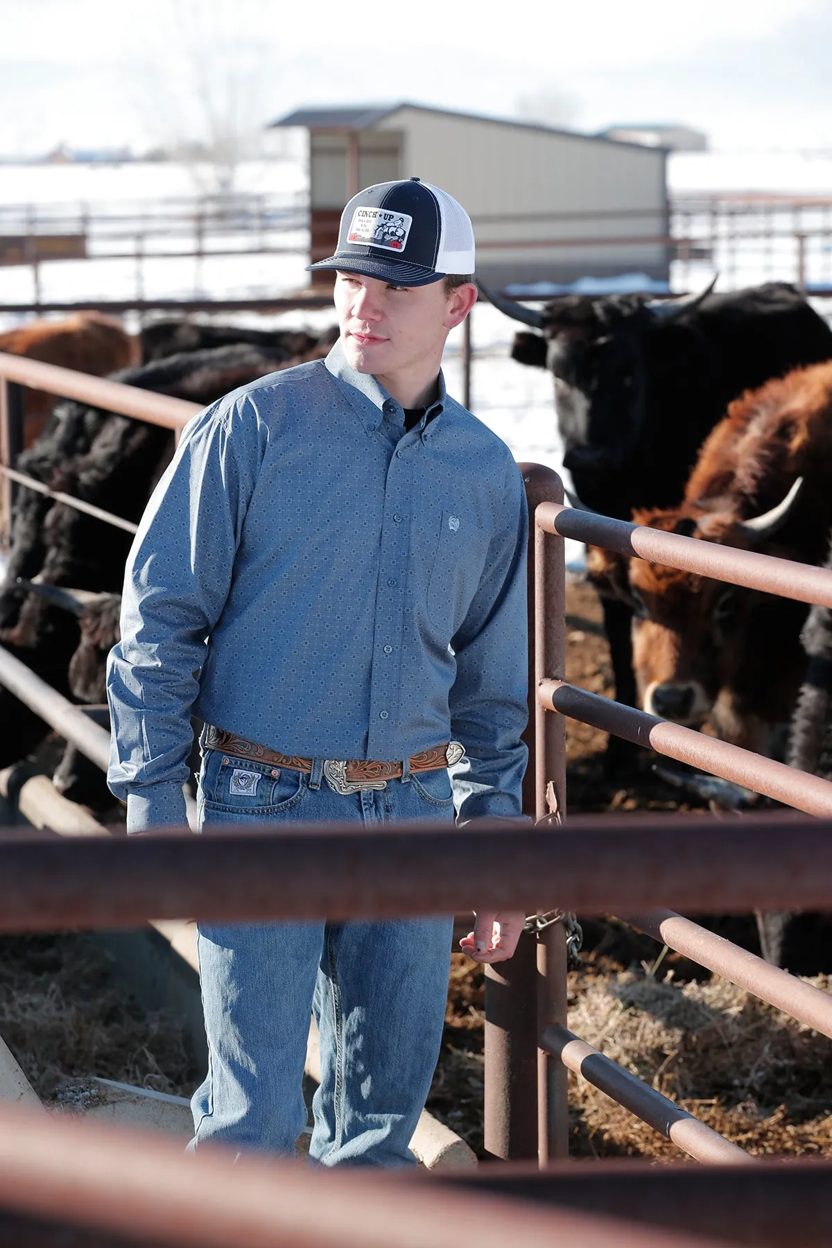MENS CINCH LIGHT BLUE PRINT L/S