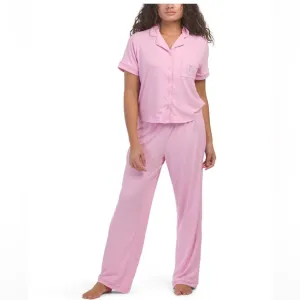 NWT JUICY COUTURE Ribbed Short Sleeve Notch Collar Pj Set in Pink Candy Color