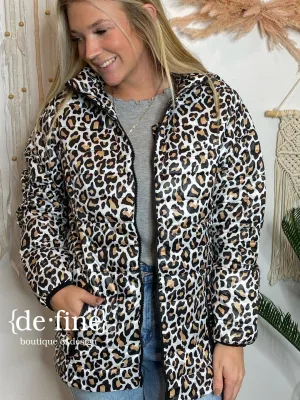 Packable Lightweight Puffer Jacket in Leopard, Black or Ivory with Bag