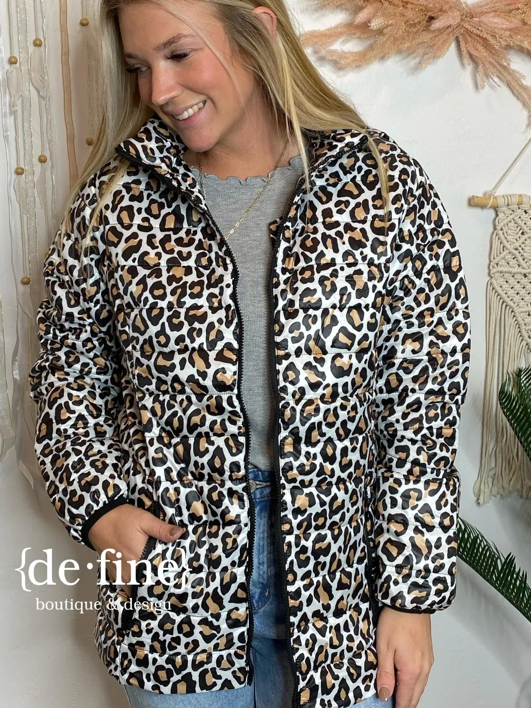 Packable Lightweight Puffer Jacket in Leopard, Black or Ivory with Bag