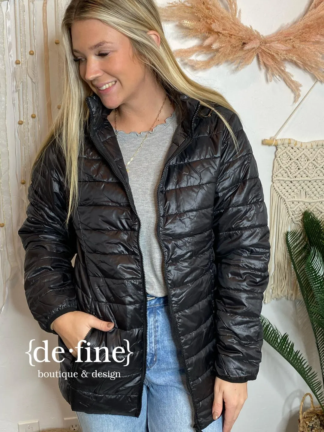 Packable Lightweight Puffer Jacket in Leopard, Black or Ivory with Bag