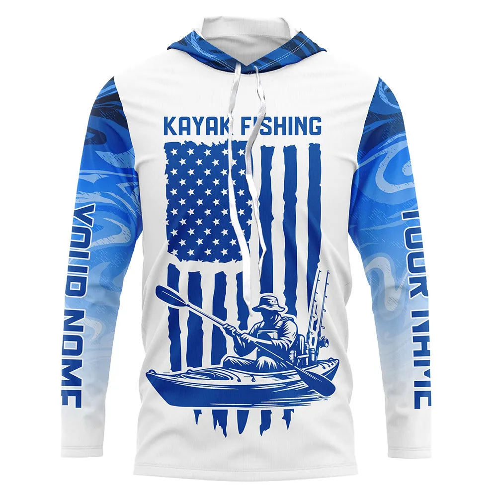 Personalized American Flag Kayak Fishing Long Sleeve Shirts Patriotic, Blue Camo Kayak Fishing Shirt IPHW6054