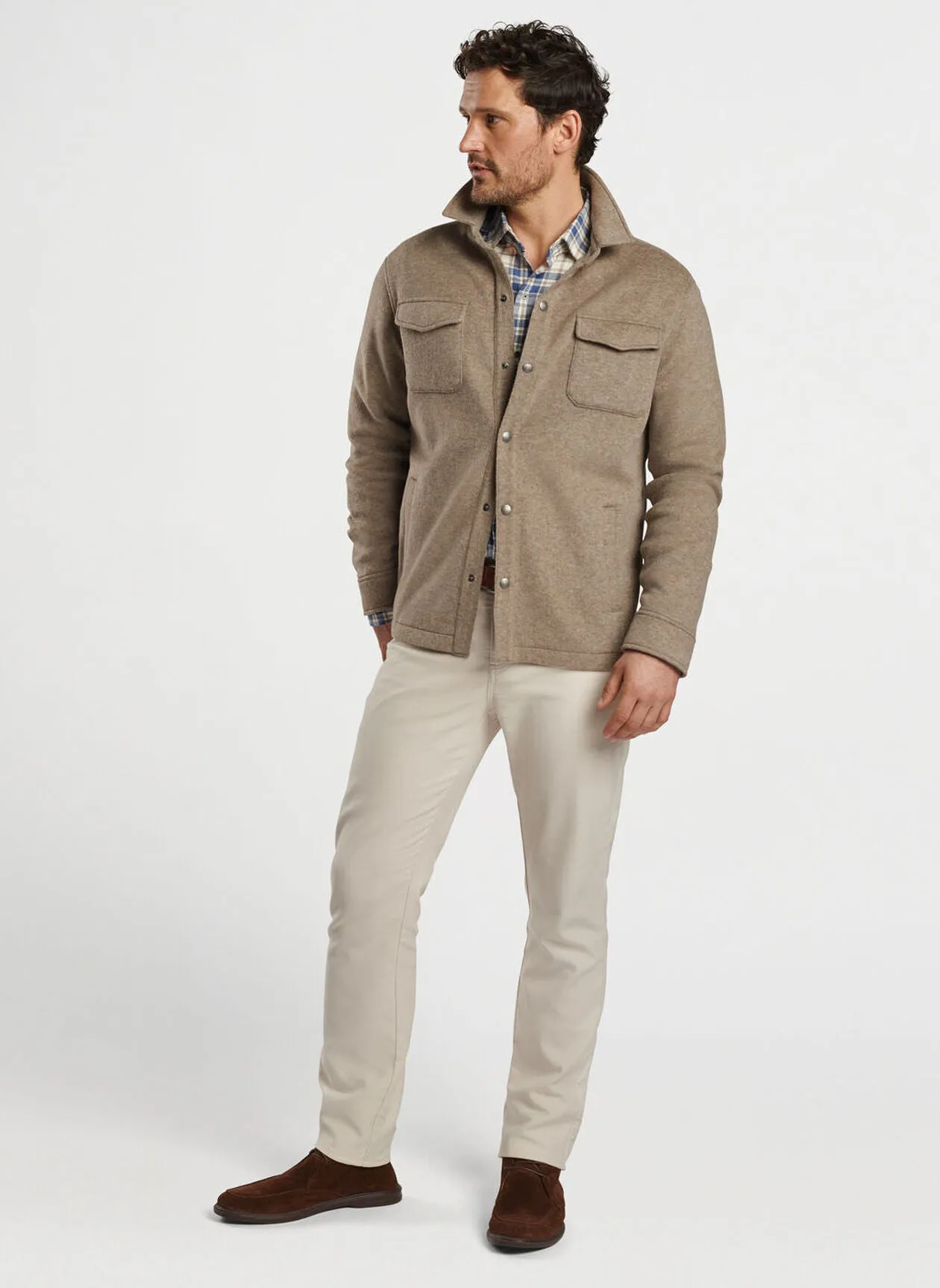 Peter Millar Mens Classic Fit Crown Flex Fleece Shirt Jacket - GRAIN