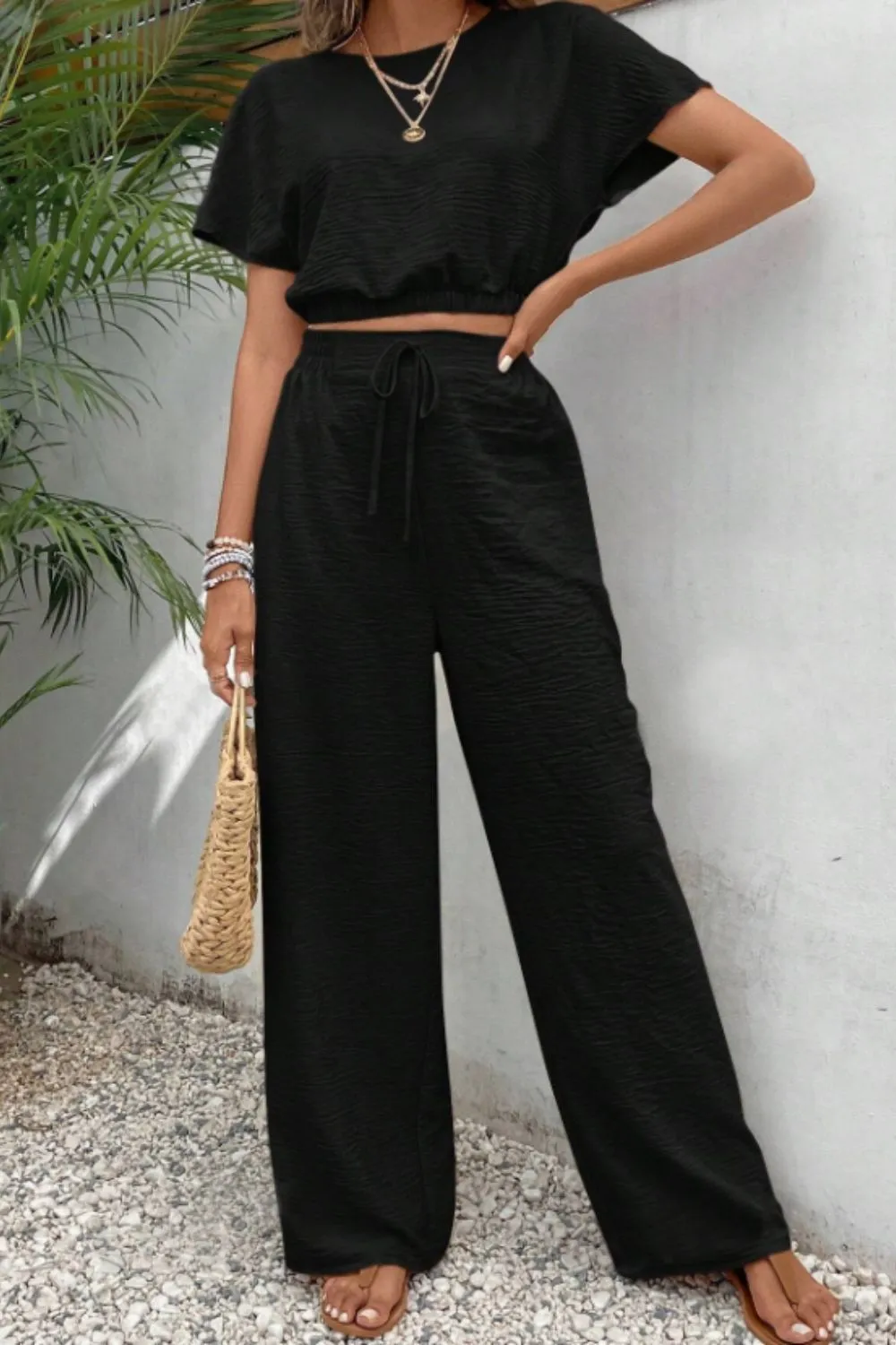 Preorder Round Neck Short Sleeve Top and Pants Set 4 Colors