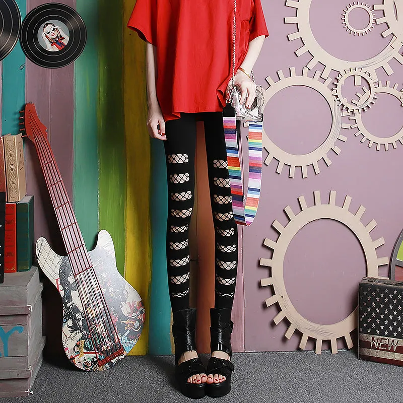 "BLACK STRETCH MESH RIPPED" LEGGINGS N042704