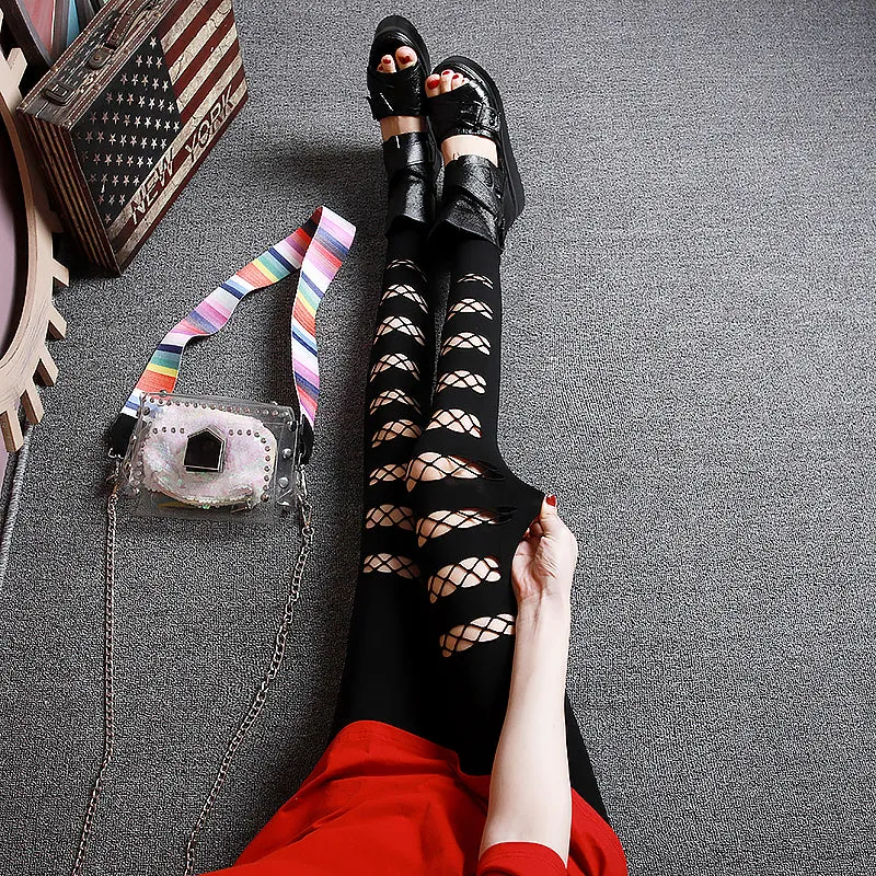 "BLACK STRETCH MESH RIPPED" LEGGINGS N042704