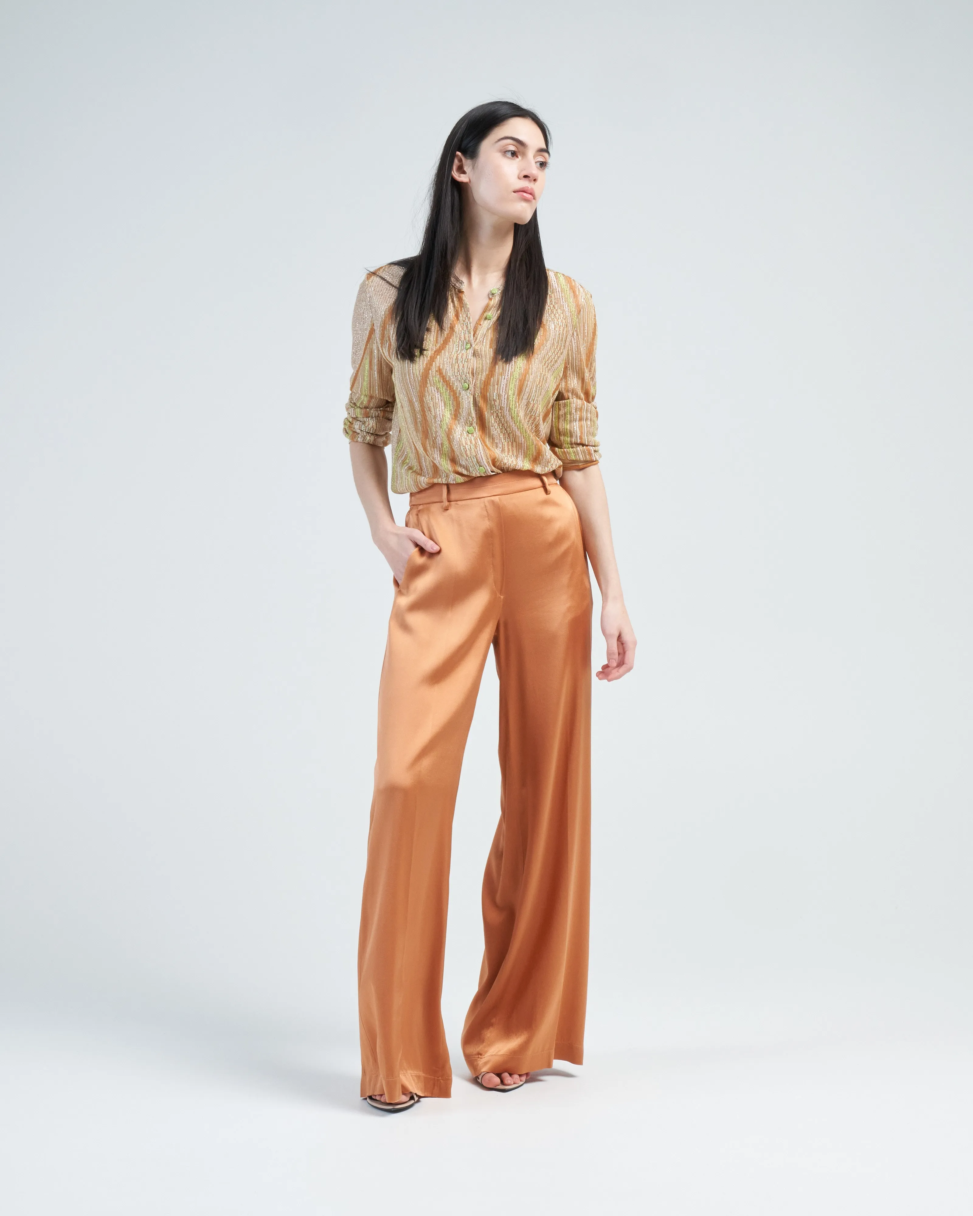 stretch silk satin wide pants