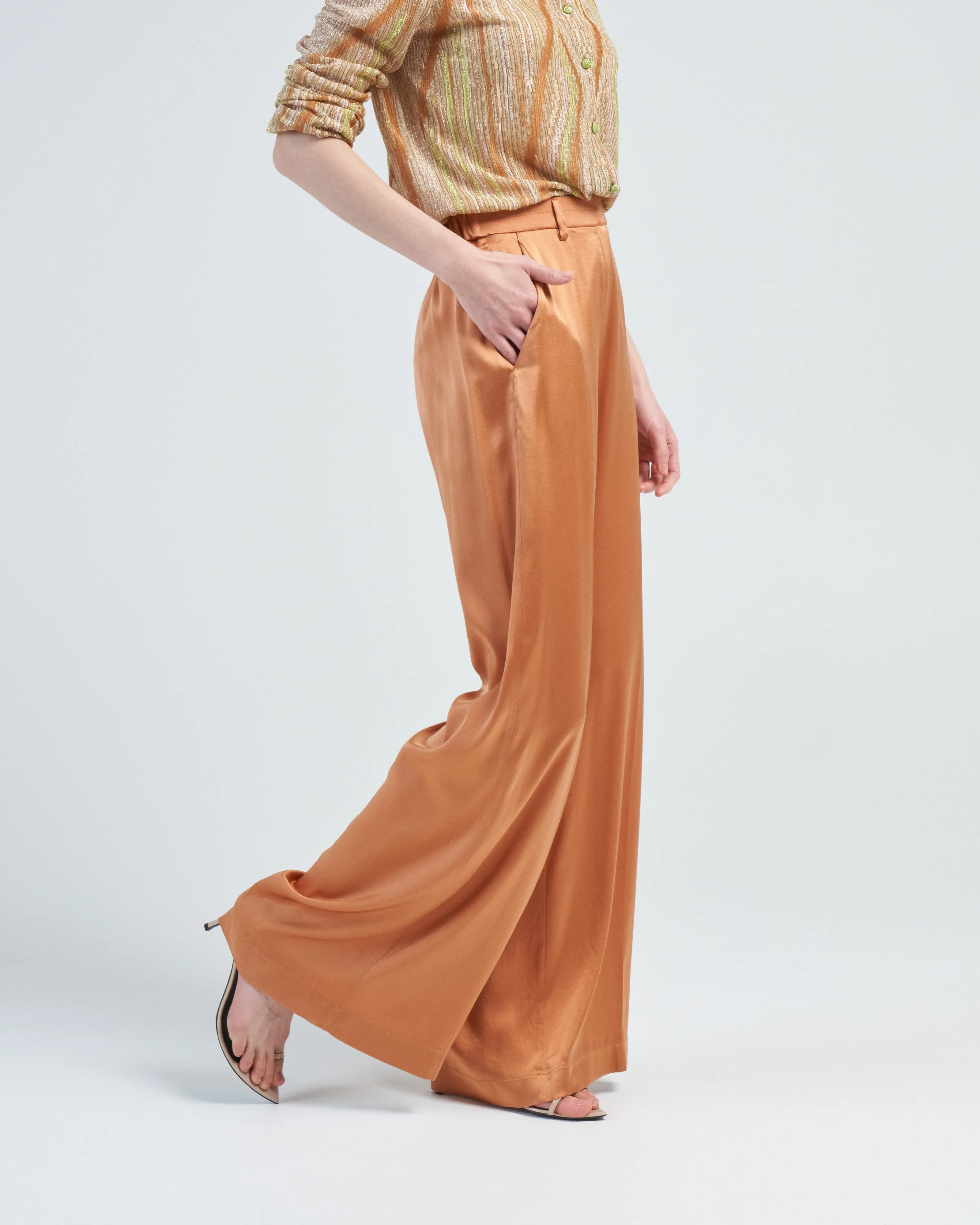 stretch silk satin wide pants