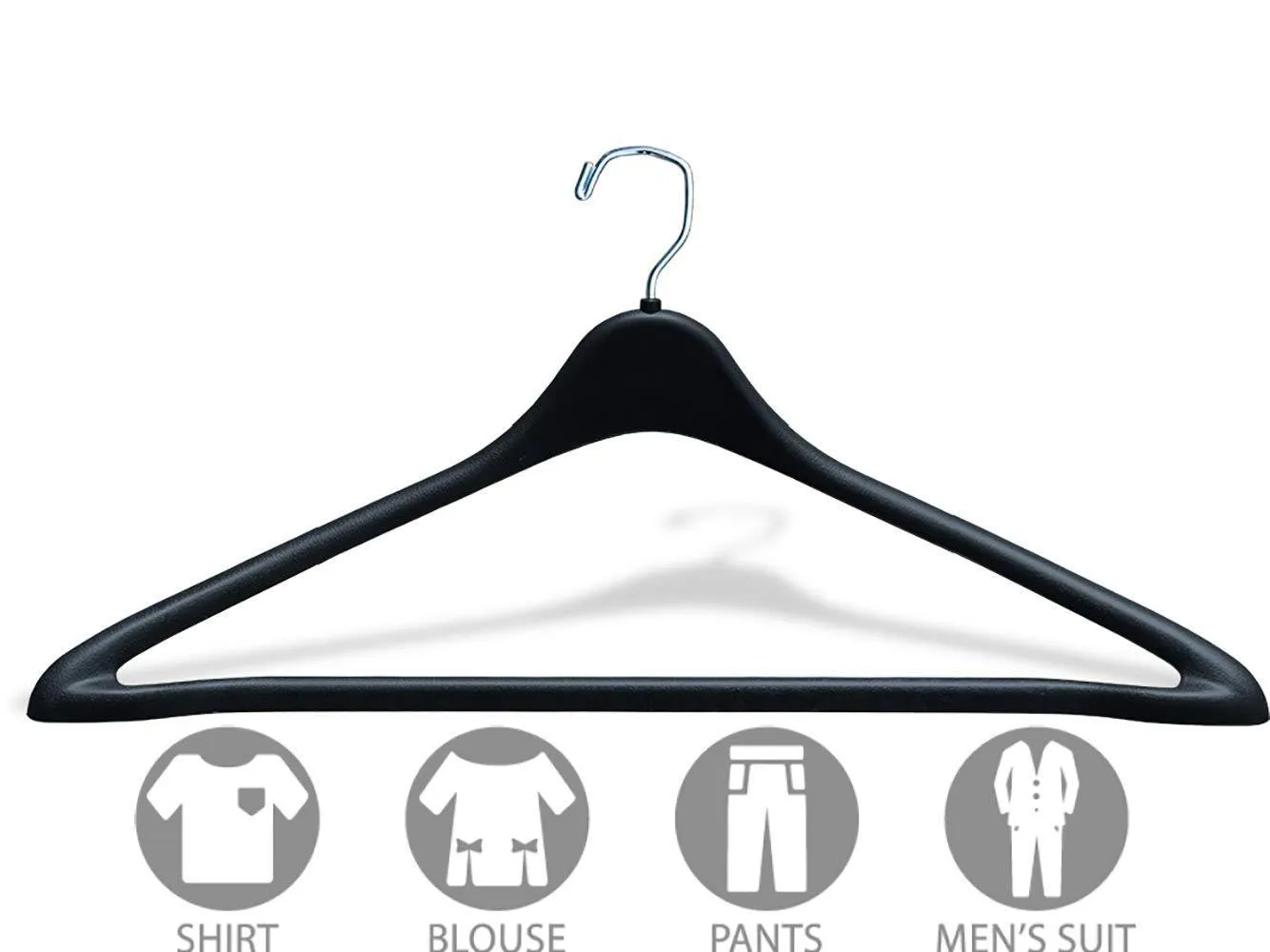 The Great American Hanger Company Heavy Duty Black Plastic Suit Hanger with Fixed Bar, (Box of 100) Sturdy 1/2 Inch Thick Coat Hangers with Square Topped Chrome Swivel Hook