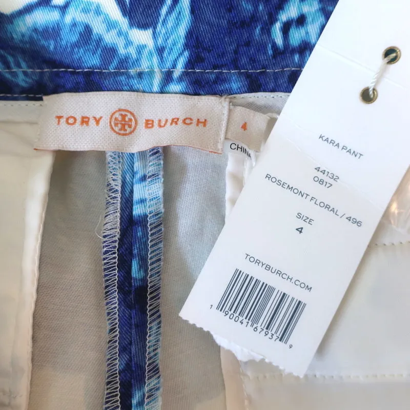 Tory Burch Kara Pants Blue/White Rosemont Floral Print Stretch Denim Size 4 NEW