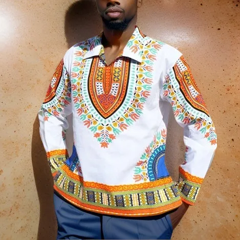 Traditional Print Unisex Dashiki Long Sleeve Shirts (3XL)