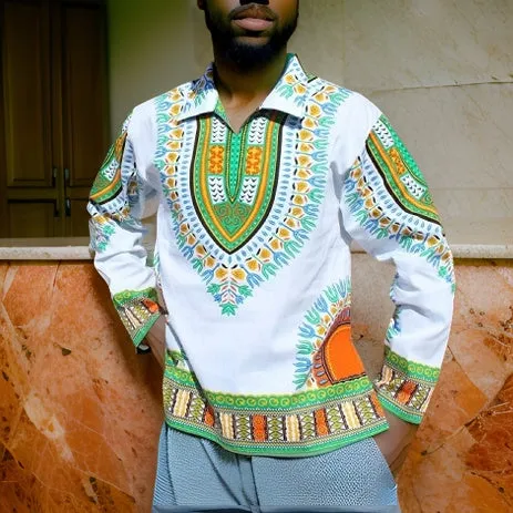 Traditional Print Unisex Dashiki Long Sleeve Shirts (3XL)