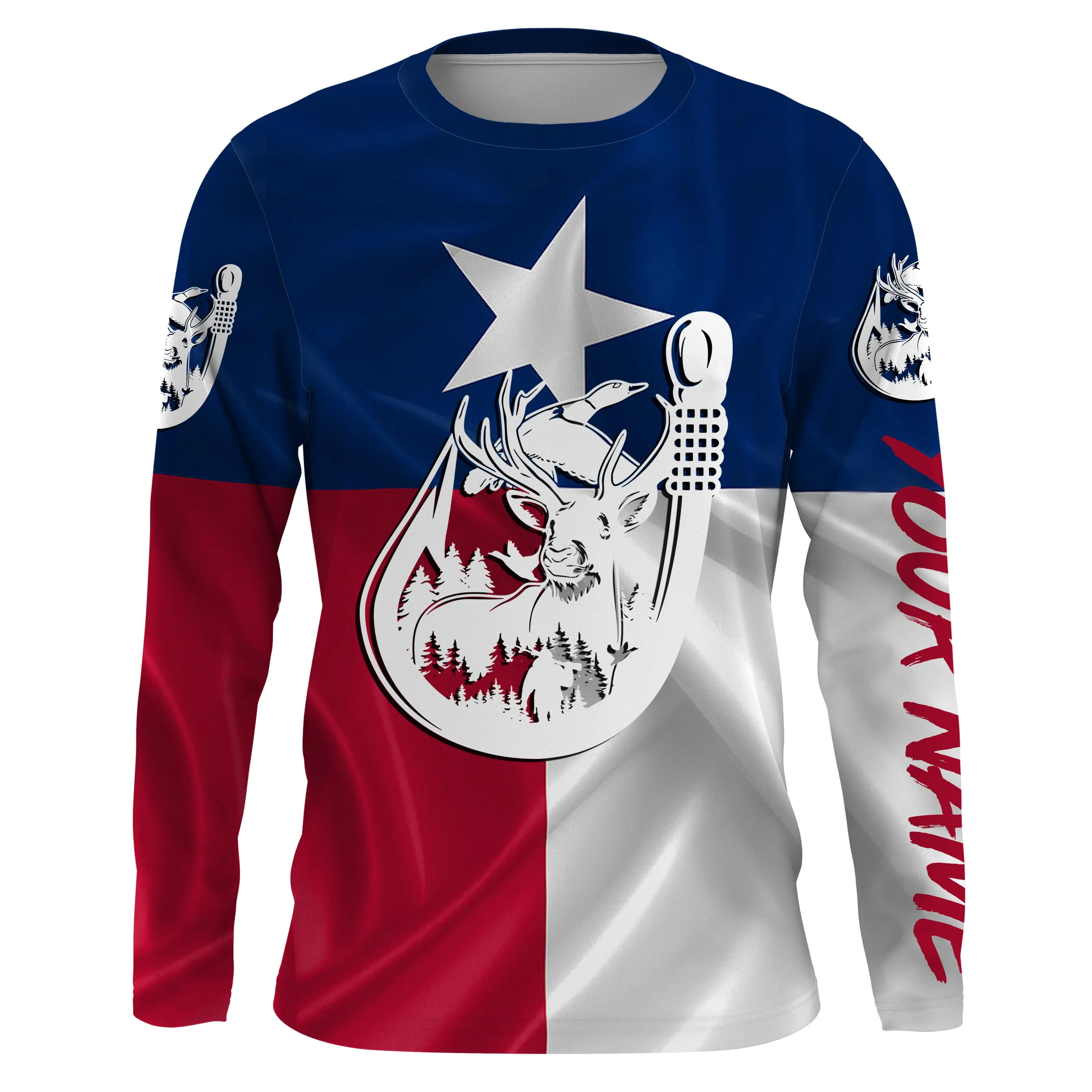 TX Texas Fishing Hunting Flag deer duck Fish hook Custom Long sleeve, Long Sleeve Hooded NPQ753