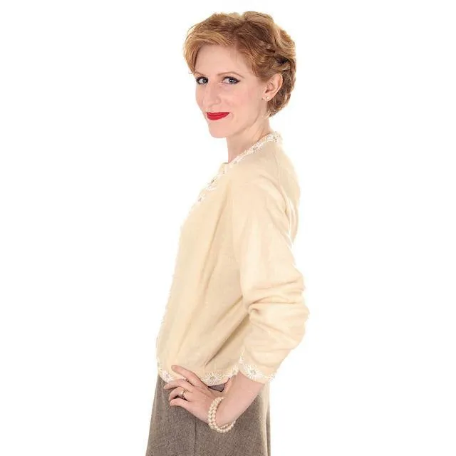 Vintage Beaded Cardigan Sweater Cream/White Wool Angora 1950s Medium