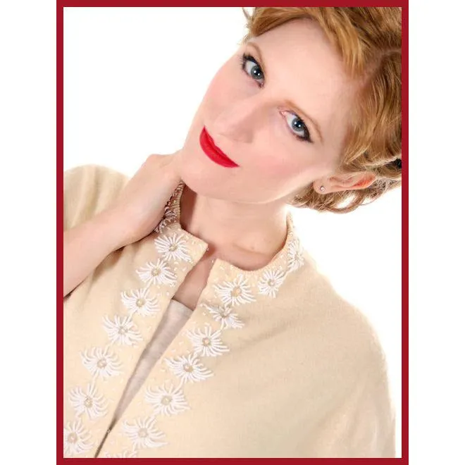 Vintage Beaded Cardigan Sweater Cream/White Wool Angora 1950s Medium