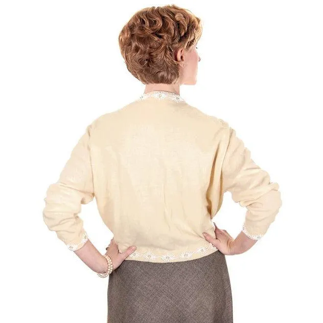 Vintage Beaded Cardigan Sweater Cream/White Wool Angora 1950s Medium