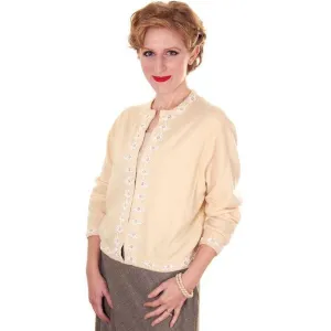 Vintage Beaded Cardigan Sweater Cream/White Wool Angora 1950s Medium