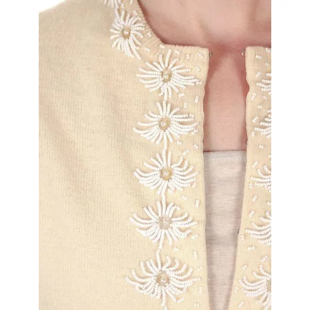 Vintage Beaded Cardigan Sweater Cream/White Wool Angora 1950s Medium
