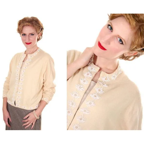 Vintage Beaded Cardigan Sweater Cream/White Wool Angora 1950s Medium