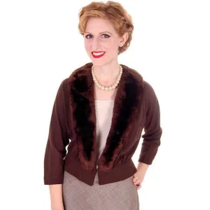 Vintage Brown Wool Sweater Jacket w/ Mouton Fur Trim 1950s Medium