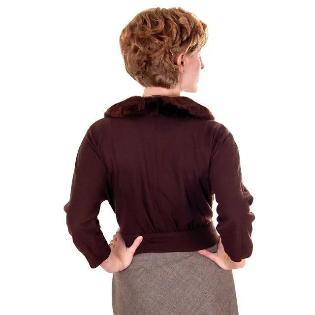 Vintage Brown Wool Sweater Jacket w/ Mouton Fur Trim 1950s Medium