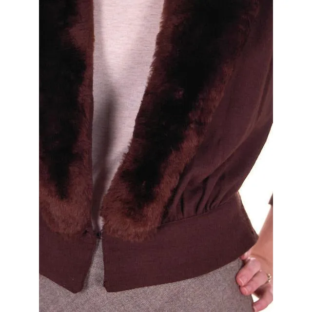 Vintage Brown Wool Sweater Jacket w/ Mouton Fur Trim 1950s Medium