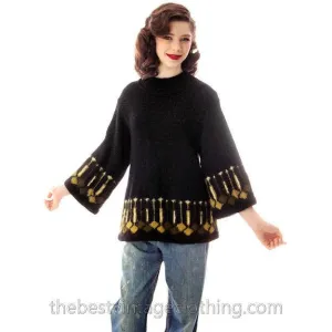 Vintage Sweater 1960s Border Print Green / Black Wool Sz 34 Bust