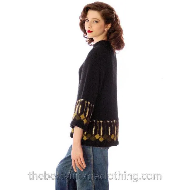 Vintage Sweater 1960s Border Print Green / Black Wool Sz 34 Bust