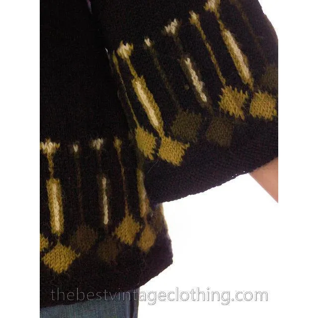 Vintage Sweater 1960s Border Print Green / Black Wool Sz 34 Bust