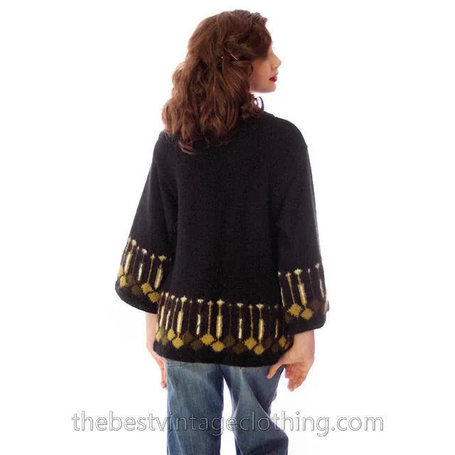 Vintage Sweater 1960s Border Print Green / Black Wool Sz 34 Bust