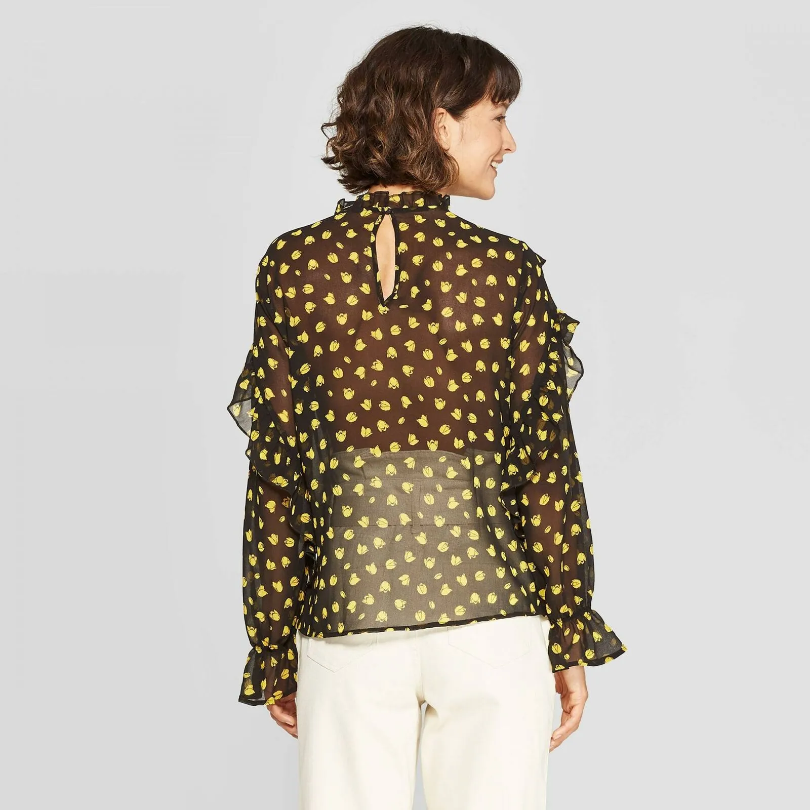 Who What Wear Sheer Turtleneck Ruffle Yoke Blouse