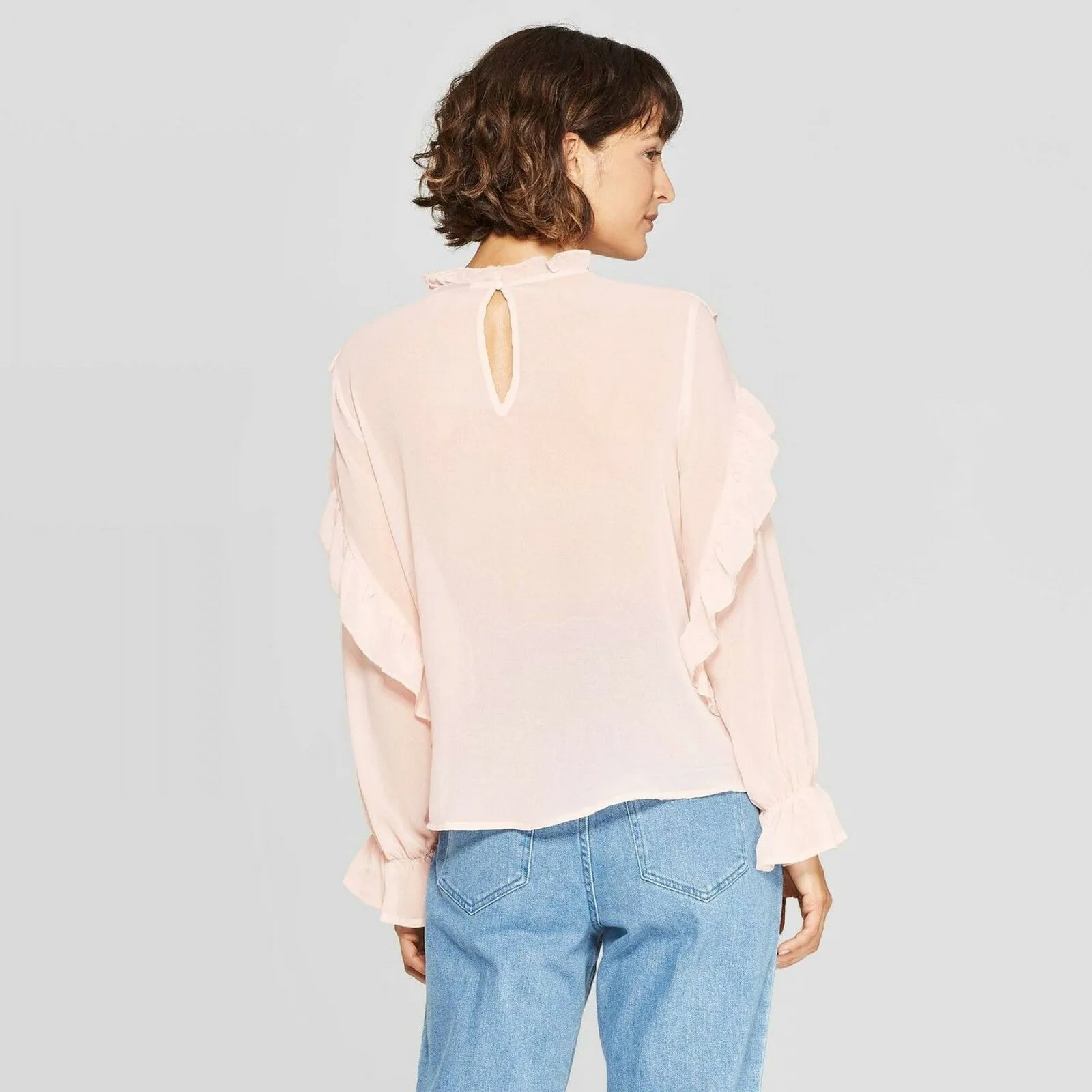 Who What Wear Sheer Turtleneck Ruffle Yoke Blouse