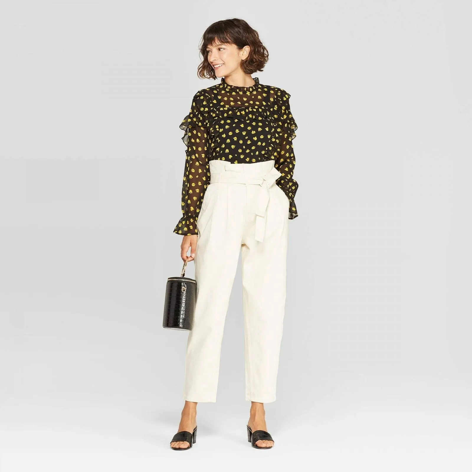 Who What Wear Sheer Turtleneck Ruffle Yoke Blouse
