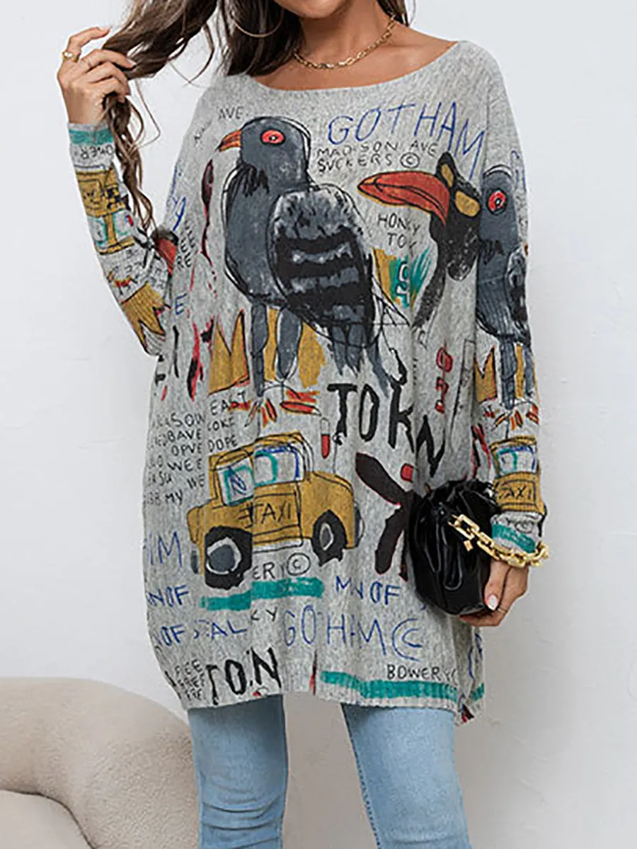 Women Casual Cartoon Bird Print Knitted Shirt