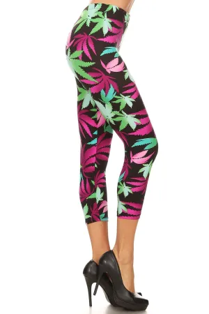 Women's Plus Pot Leaves Plant Printed Cropped Capri Leggings