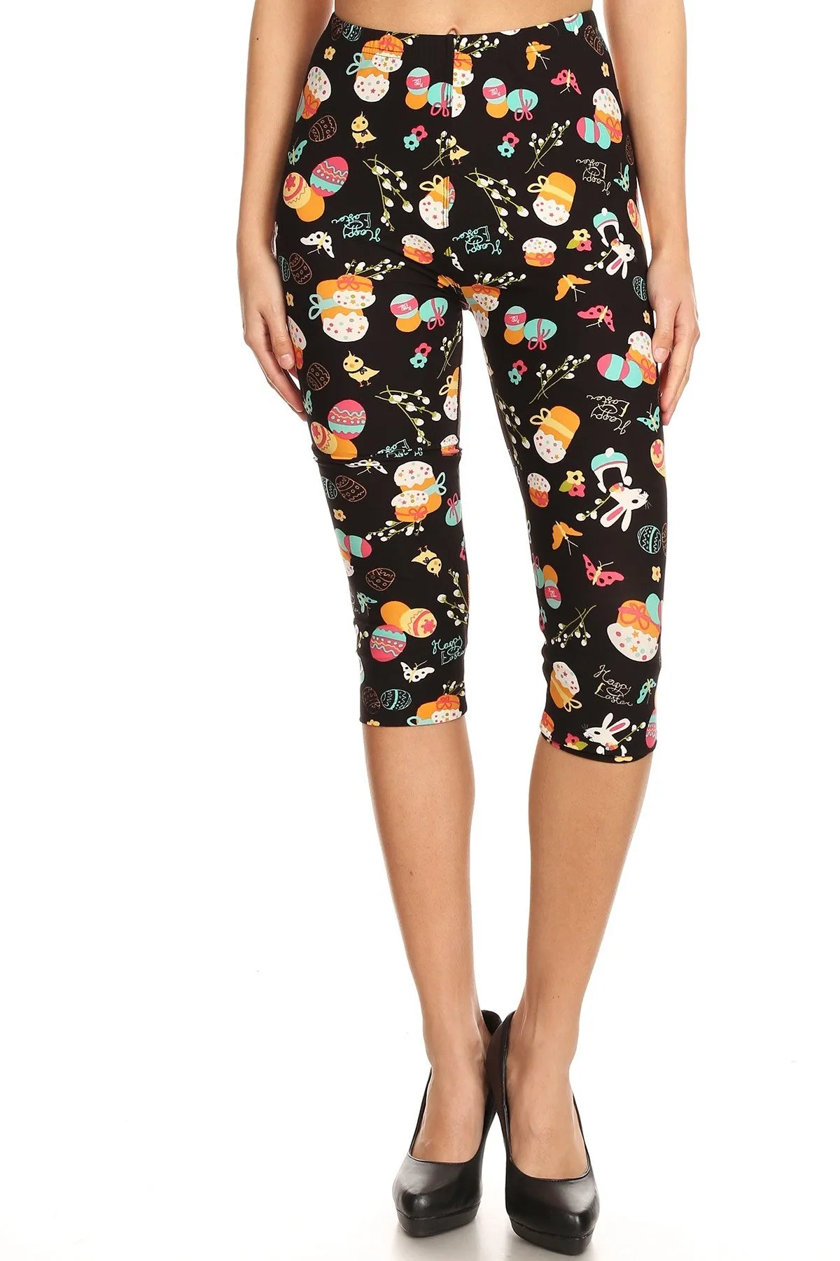 Women's Regular Easter Egg Rabbits Butterfly Printed Cropped Capri Leggings