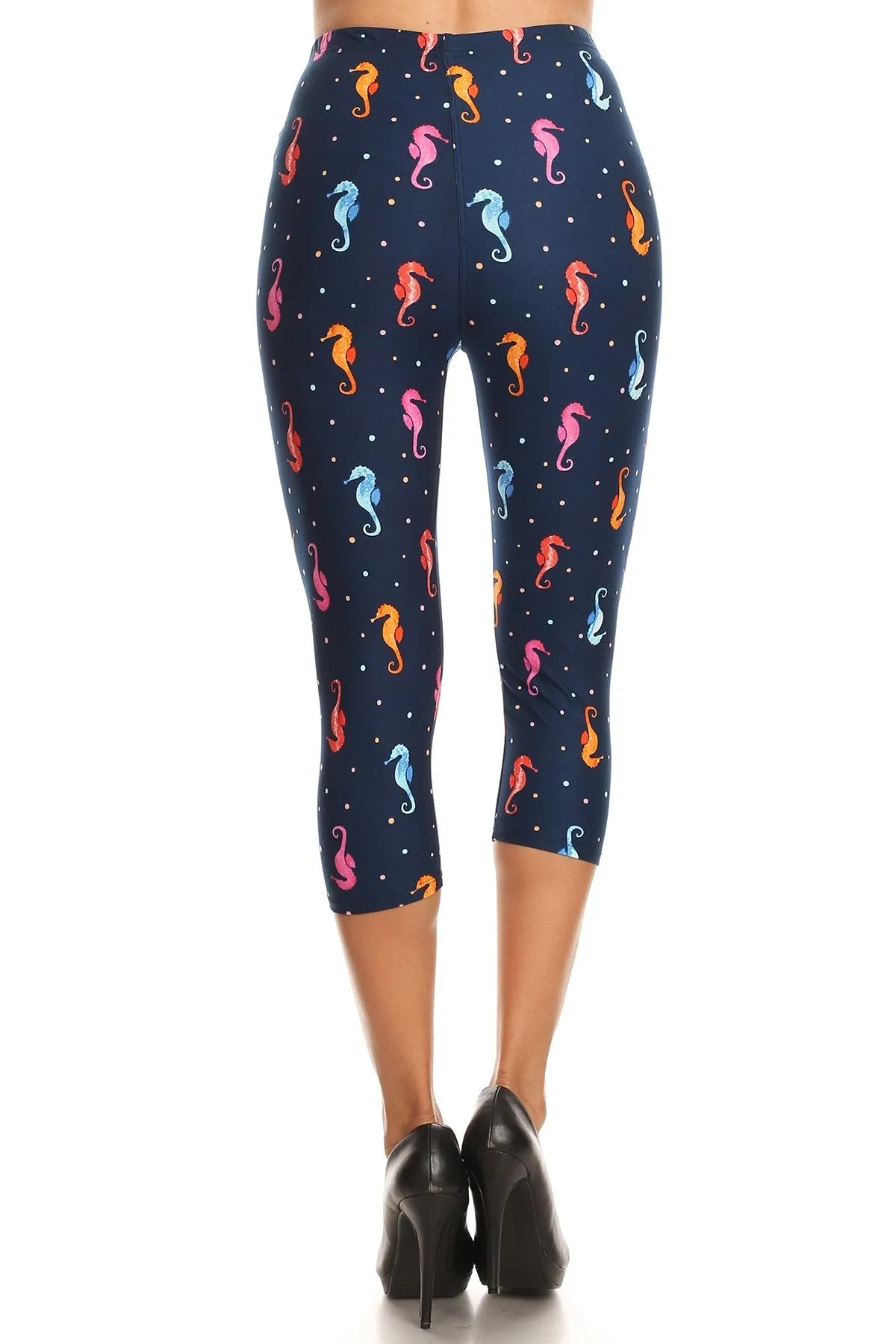 Women's Regular Sea Horses Bubbles Undersea Printed Cropped Capri Leggings