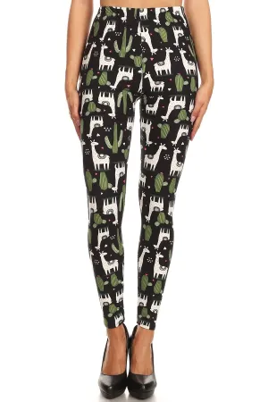 Women's Regular White Giraffe Green Cactus Pattern Printed Leggings