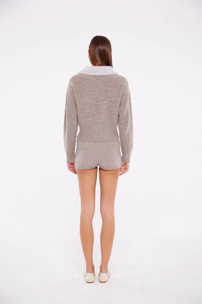 Zip Up Sweater with Lamb Shearling Collar in Rice Flower