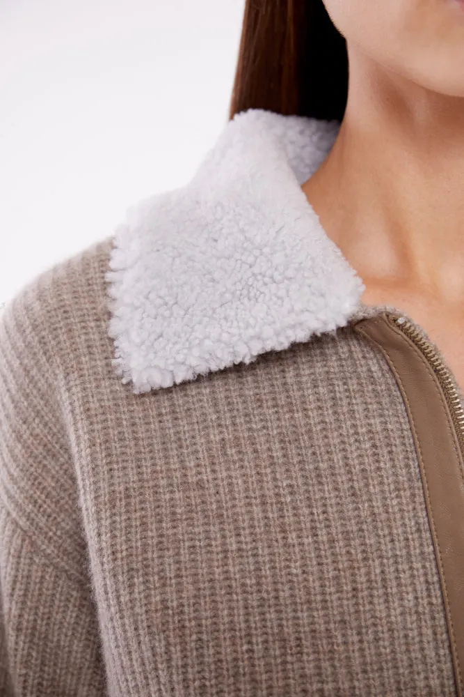 Zip Up Sweater with Lamb Shearling Collar in Rice Flower