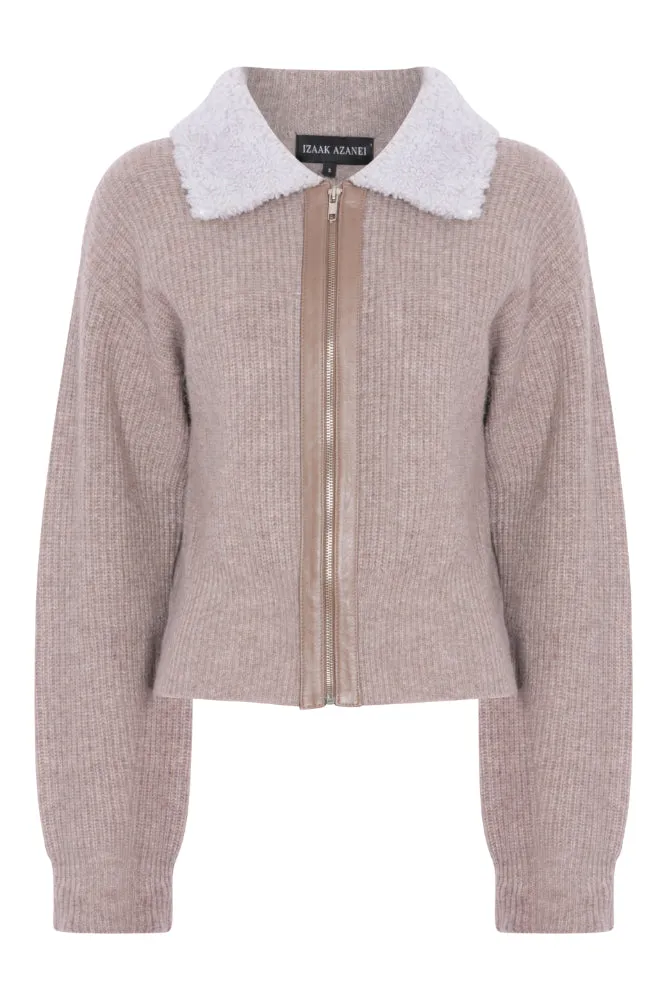 Zip Up Sweater with Lamb Shearling Collar in Rice Flower