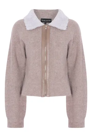 Zip Up Sweater with Lamb Shearling Collar in Rice Flower